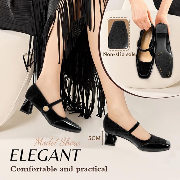 Women's Black  Square Toe Mary Jane Comfortable Closed Toe Chunky Block Heels - Picture 3 of 8